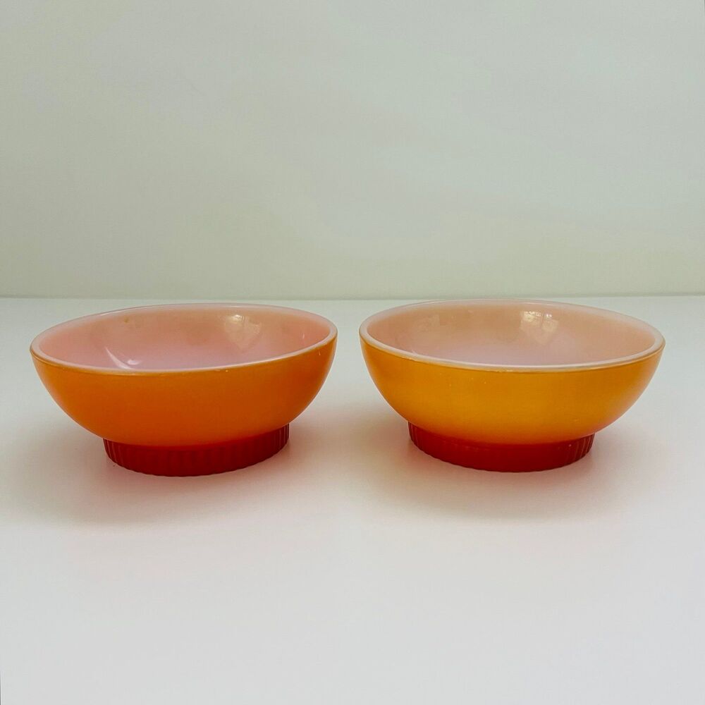 ANCHOR HOCKING Fire King Red Orange Ombré Milk Glass Footed Soup Bowls